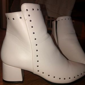 White faux leather heeled booties
